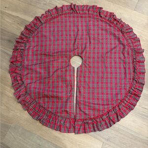 VTG Tartan Plaid Ralph Lauren Style Tree Skirt ruffle in Black Red 52” Tafeta